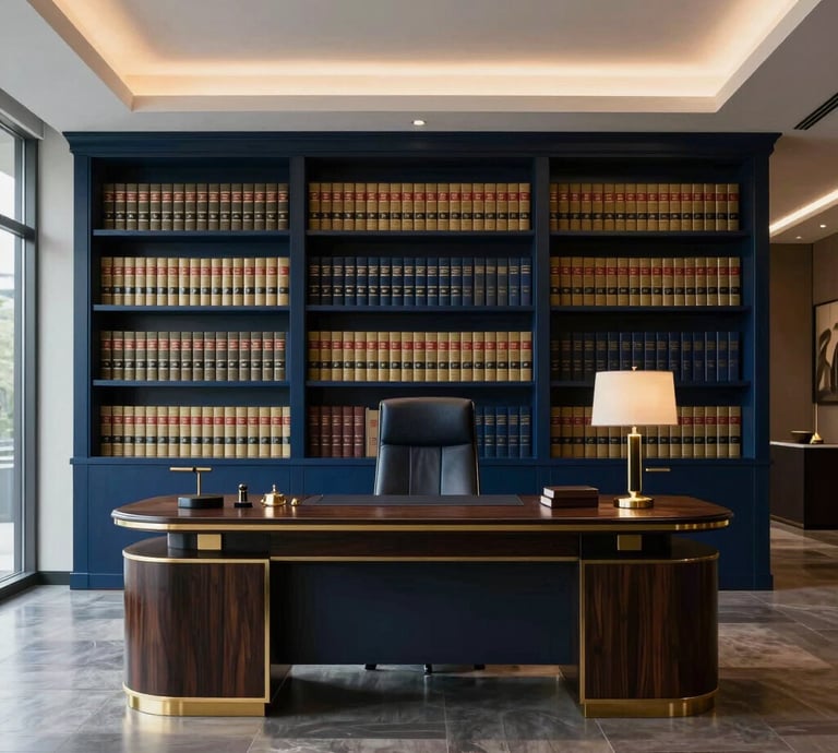Modern law office interior with dark blue and gold accents reflecting professionalism.