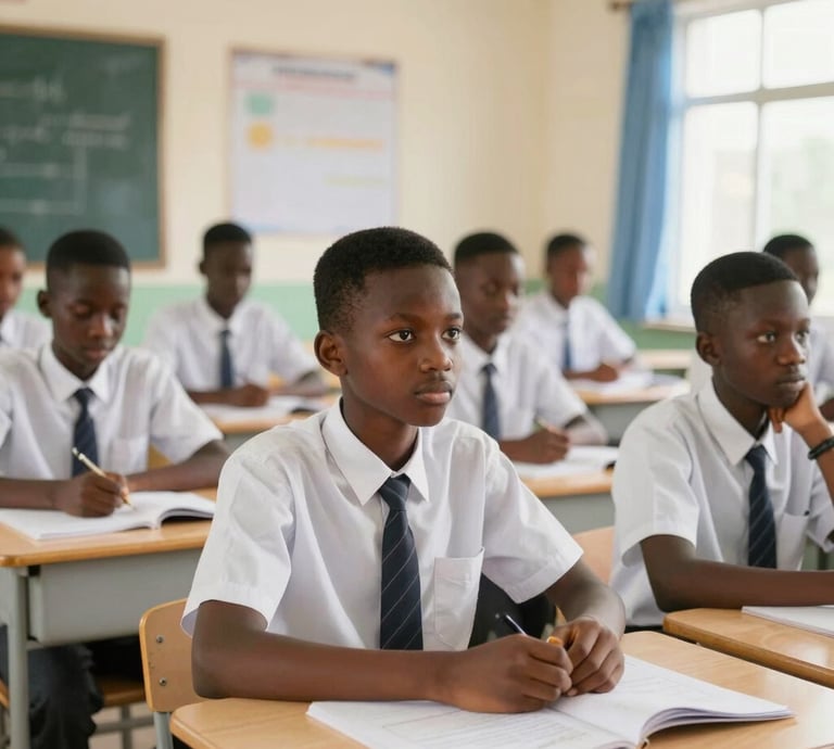 Nigerian Muslim children attentively learning in a bright, modern classroom at Al-Mi’raj Excellence Academy.