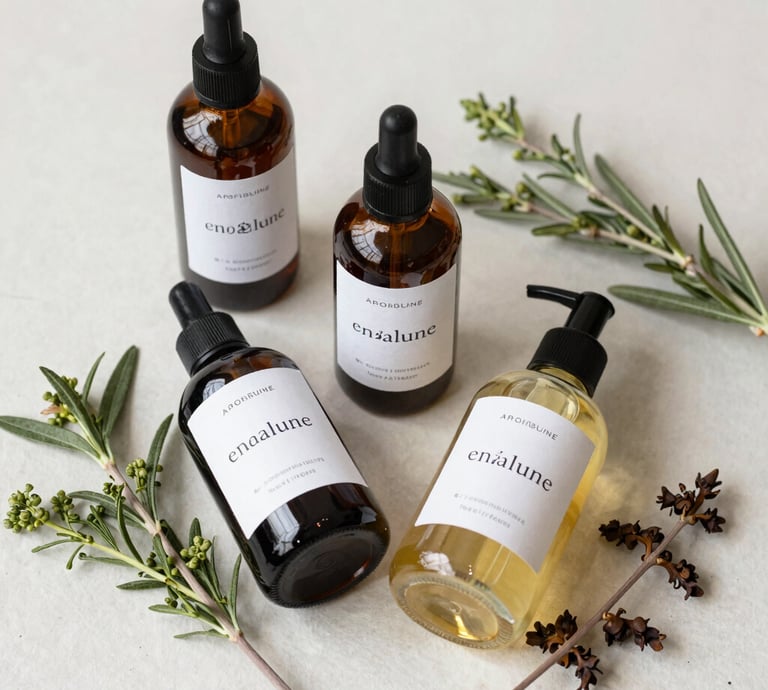 Apothecary feel of handcrafted lotions displayed with natural light.