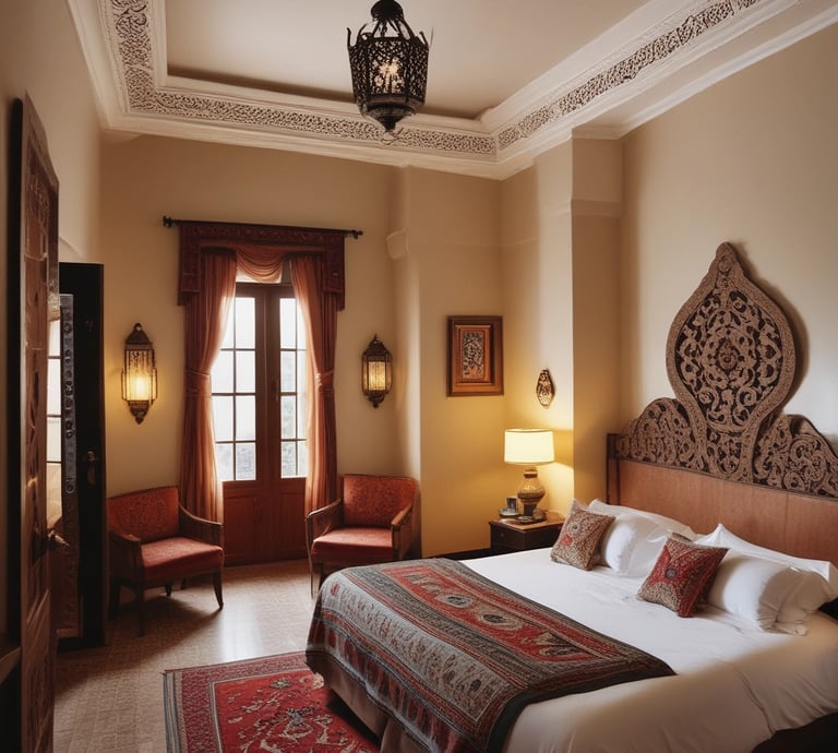 Bright hotel room with a double bed and city view in Agadir.