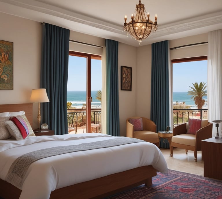 Balcony overlooking the ocean at sunset from a hotel suite in Agadir.