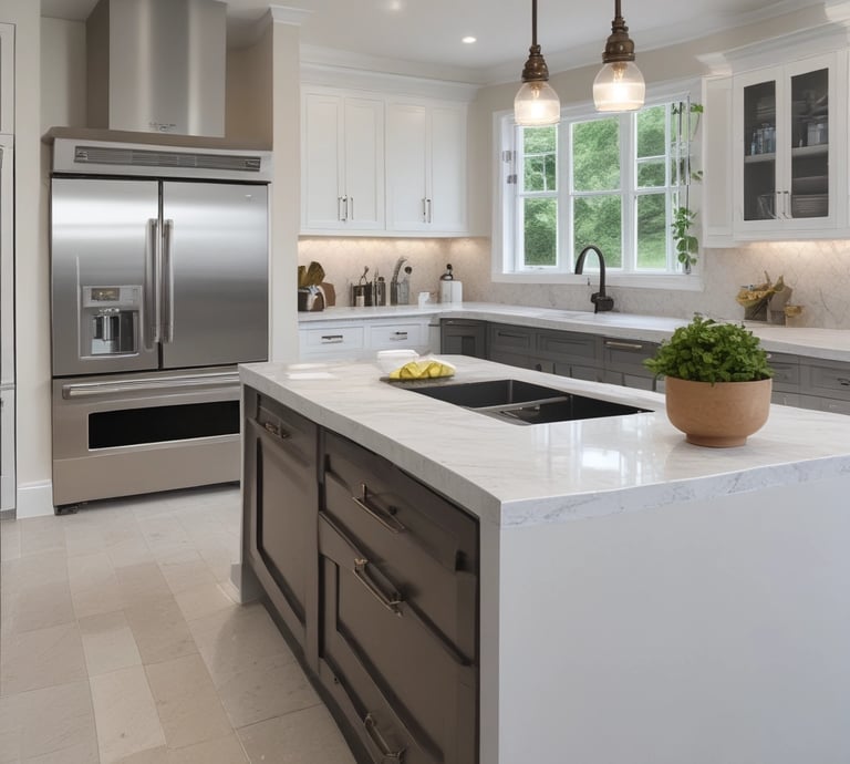 A cozy family workshop filled with vibrant quartz slabs and smiling faces.