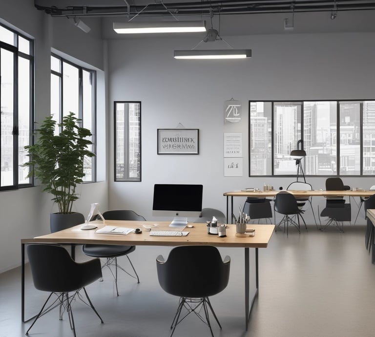 A vibrant team collaborating around a laptop in a cozy, modern office space.