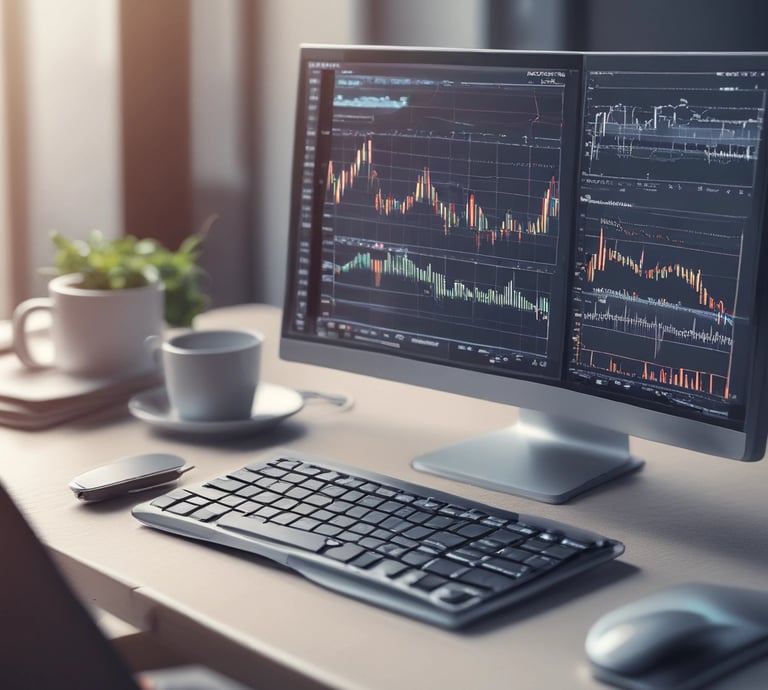 A sleek computer screen displaying real-time trading graphs and AI algorithms at work.