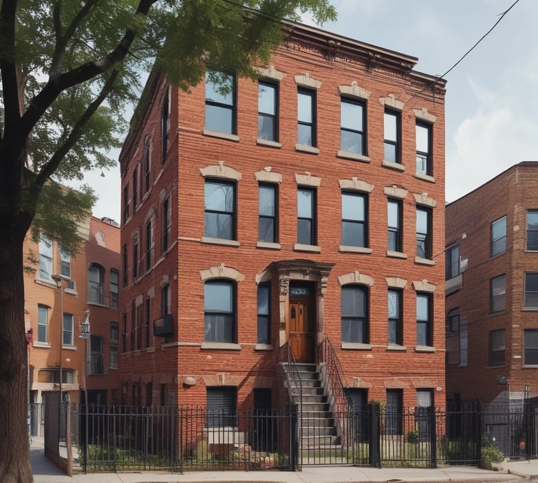 A friendly property manager speaking with a tenant outside a well-maintained New York apartment building.