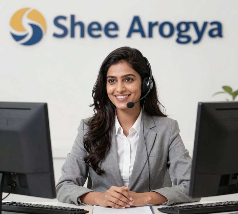 A smiling woman working comfortably at her home desk with a headset on, engaging in a call.