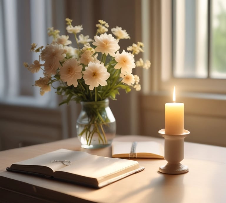 A serene workspace with soft pastel tones, a notebook, and a cup of tea by a window.