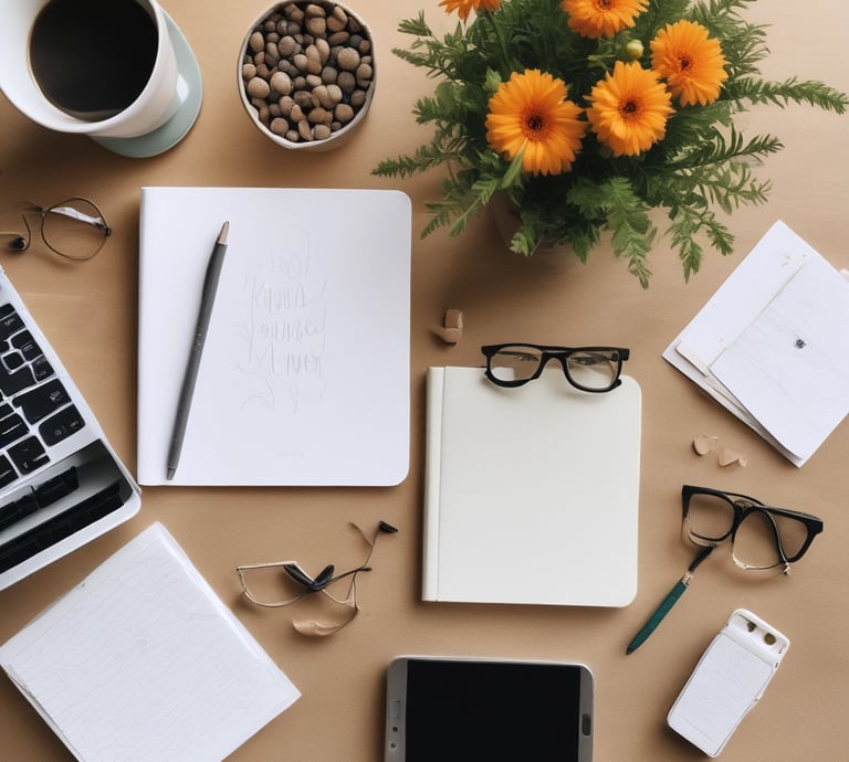 Cozy scene of a journal with a pen, a cup of tea, and soft morning light streaming in through a window.