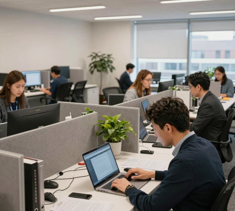 A clean, modern office workspace with a laptop, financial documents, and a cup of coffee symbolizing professional accounting services.