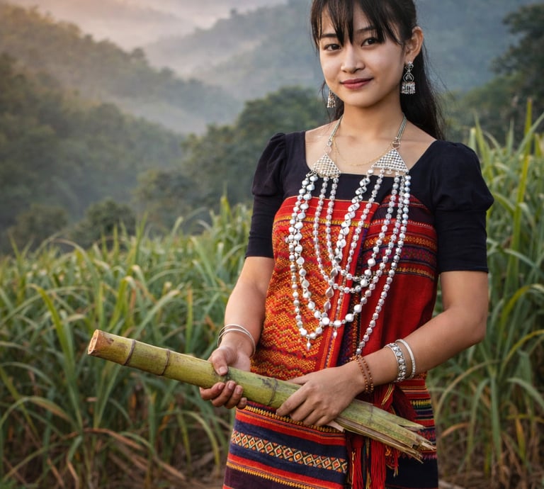 Chakma woman in traditional pinon and hadi holding sugarcane in the Chittagong Hill Tracts