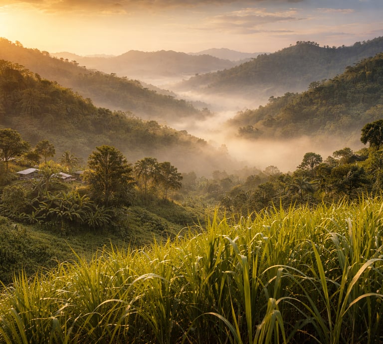 Sugarcane field in the Chittagong Hill Tracts at sunrise with misty hills and natural landscape