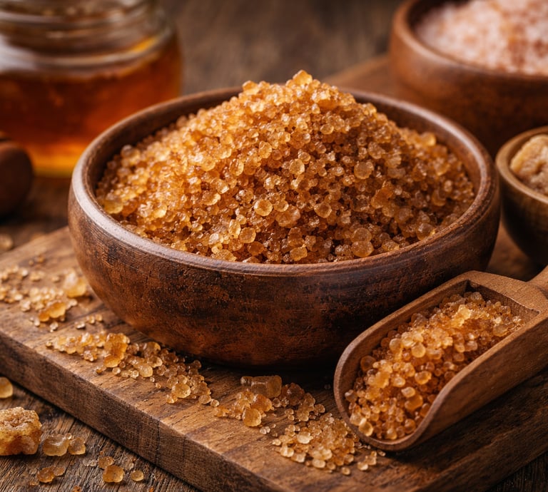 Close-up of natural unrefined brown sugar crystals rich in molasses and minerals