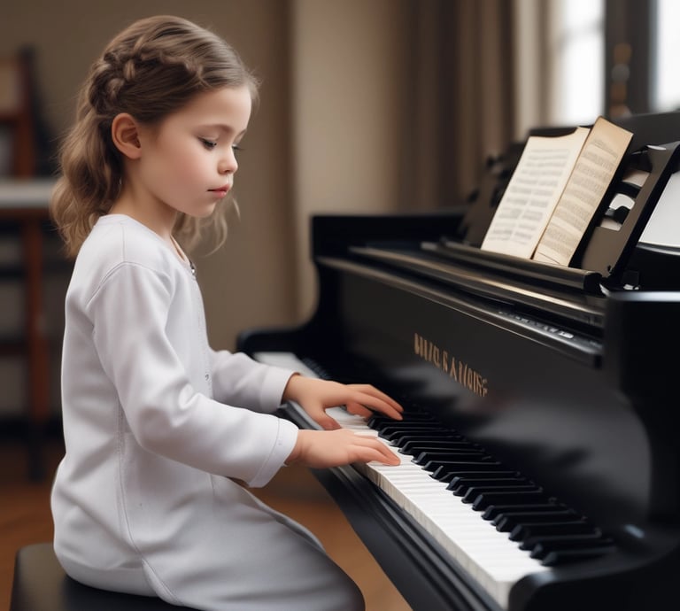 A warm, inviting music room with piano and violin displayed, sunlight streaming through the window.