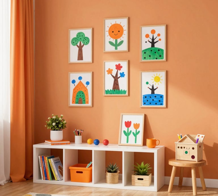 A bright, colorful space decorated with hot air balloons and clouds hanging from the ceiling.