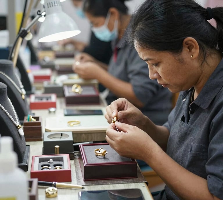 A focused artisan sketching intricate jewelry designs under warm studio lighting.