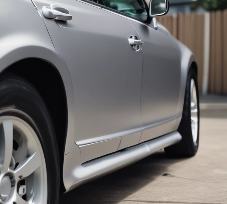 Technician carefully repairing a car dent outdoors with specialized tools.