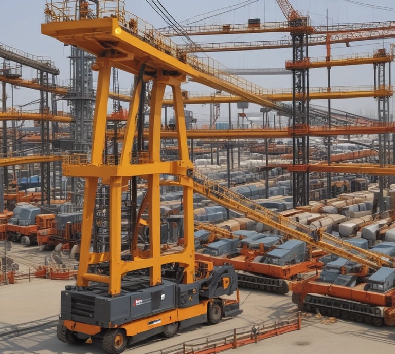 Photo of a busy construction site with heavy equipment and workers using electrical supplies.