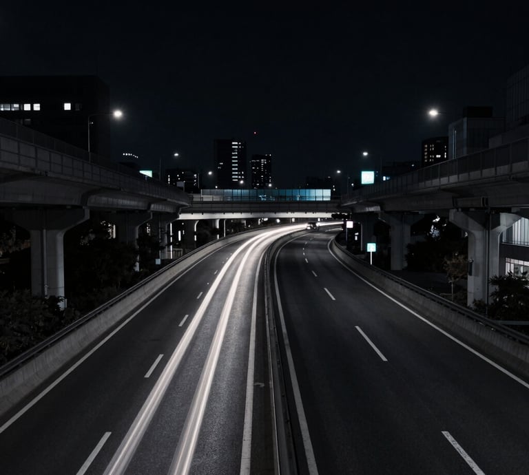 Wide environmental shot of Tokyo elevated highway at night, long exposure light trails desaturated, 35mm