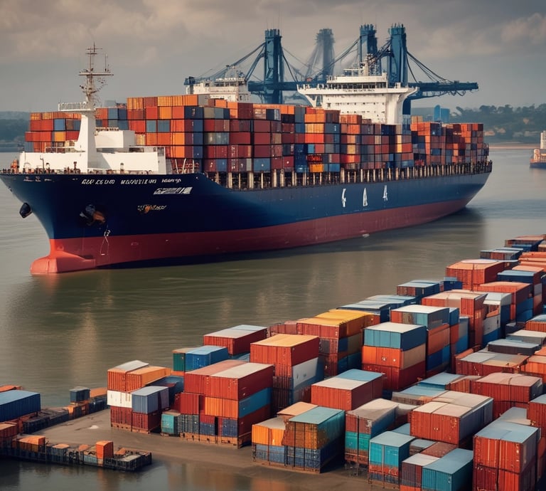 Two delivery trucks are parked on a city street. The truck on the left is yellow with DHL branding, displaying a partial image of a person wearing a red cap. The truck on the right is dark brown with UPS branding. The street is wet, suggesting recent rain, and the setting appears to be urban, with multi-story buildings lining the street.