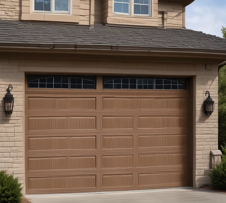 A black garage door with the words 'NO PARKING' painted in white is set into a beige stucco building. On either side of the door are windows with white curtains and metal bars. Above the garage is an industrial-style metal lamp casting a shadow on the wall.