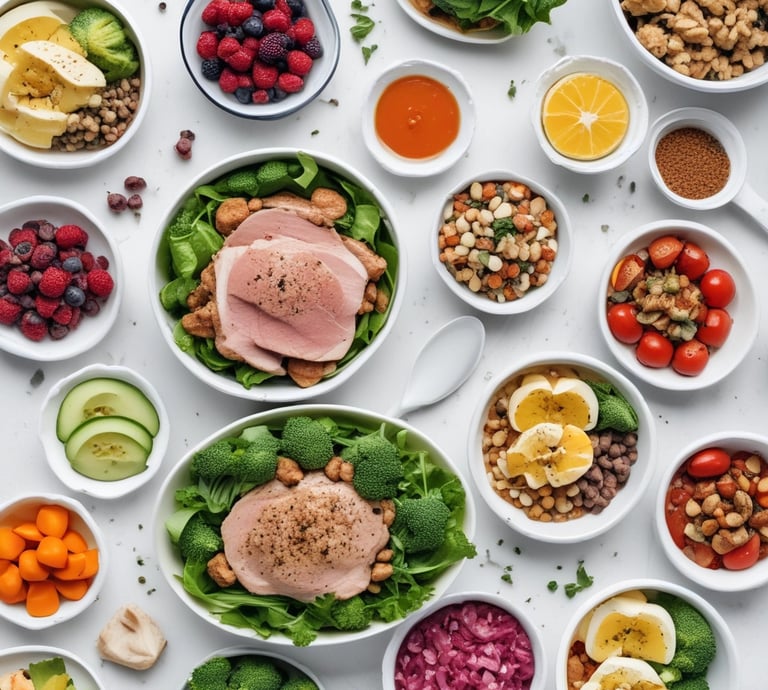 An illustration of a balanced meal and fitness elements representing holistic health.
