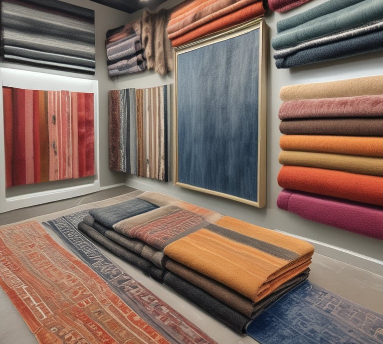 A cozy living room featuring a colorful handmade rug on a wooden floor.