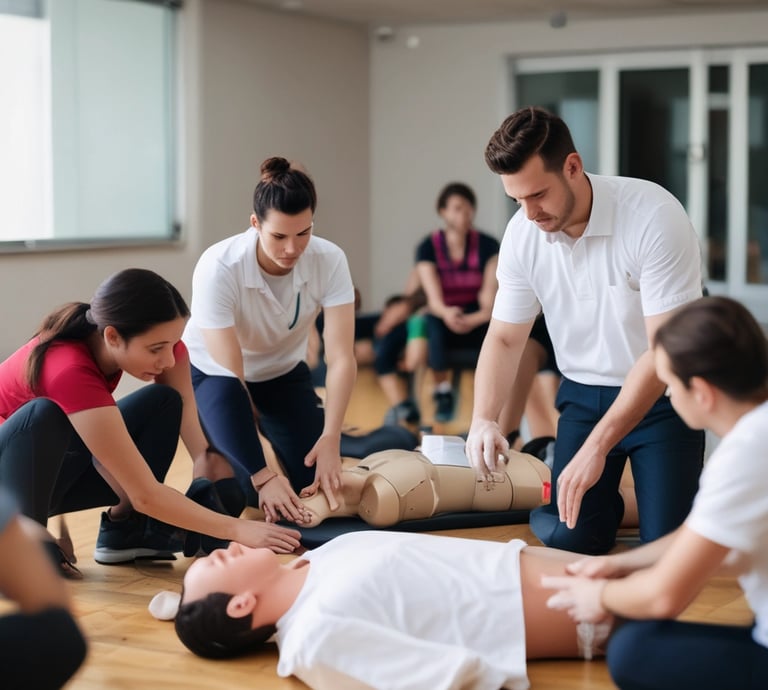 Instructors demonstrating CPR techniques on training dummies in a classroom.