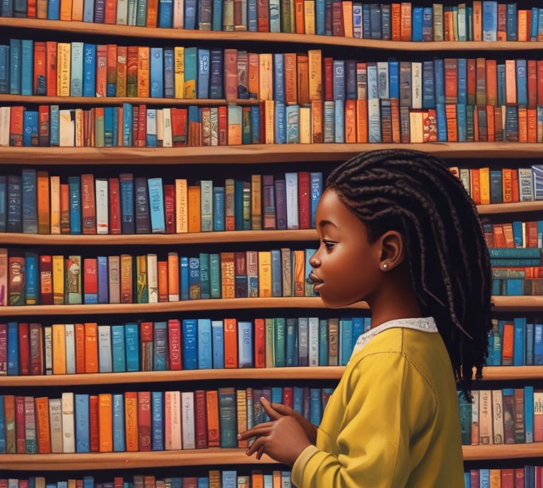 A stack of books on a patterned fabric background, topped with a string of black and white prayer beads. The titles include 'The Secret Lives of Baba Segi's Wives' and 'Half of a Yellow Sun', along with collections referred to as 'The African Trilogy' and 'The Cairo Trilogy'.