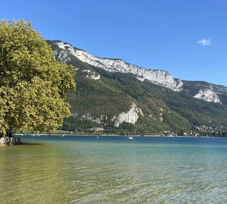 lac Annecy et montagnes en hiver