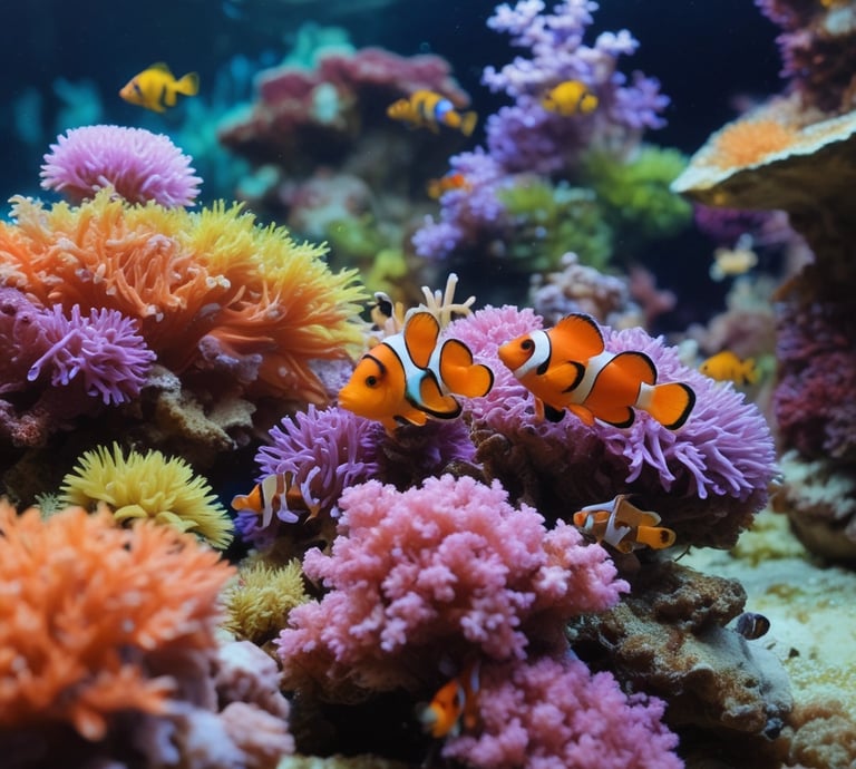 A vibrant underwater coral reef scene featuring diverse coral formations in various colors and textures. Brightly colored fish swim among the corals, with yellow, white, and black patterns. The scene is rich with marine life, including anemones and small sea plants. The intricate branches of fan corals form a natural backdrop.