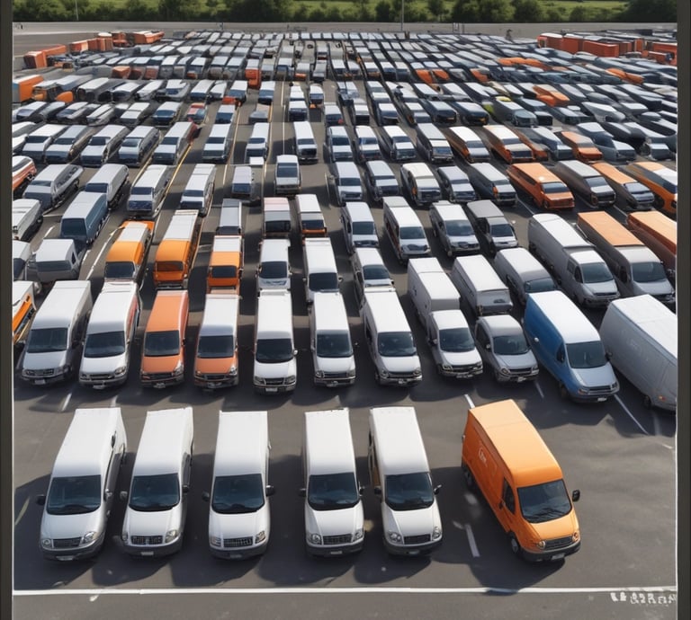 A large industrial storage yard filled with colorful shipping containers and trailers. The containers are stacked and aligned in rows, displaying various brand logos and colors. There are few vehicles parked nearby, and the area seems to be used for logistics or transportation purposes.