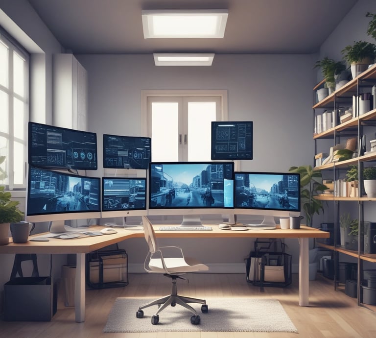 Modern office workspace with computers and technology devices