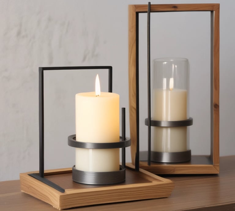 Shelves filled with a variety of scented candles in glass jars, each featuring different labels and colors. The display is neatly organized on wooden shelves and includes additional small decorative items like miniature pumpkins. Each shelf showcases different candle collections, arranged side by side.