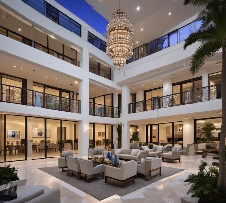 A residential area featuring two white houses with brown roofs and gray shutters. In the foreground, there is an area with roadwork signs, including a yellow portable generator and a couple of traffic barrels. Some chairs are stacked against the wall of the house on the left. There is a parked orange vehicle partially visible at the bottom right.
