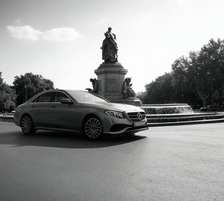 Mercedes E class frente a fuente en Madrid 