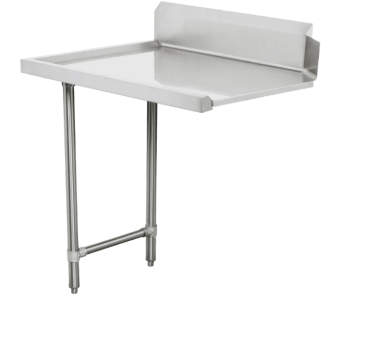 Extension bench for stainless steel pass-through dishwasher inlet and outlet benches.