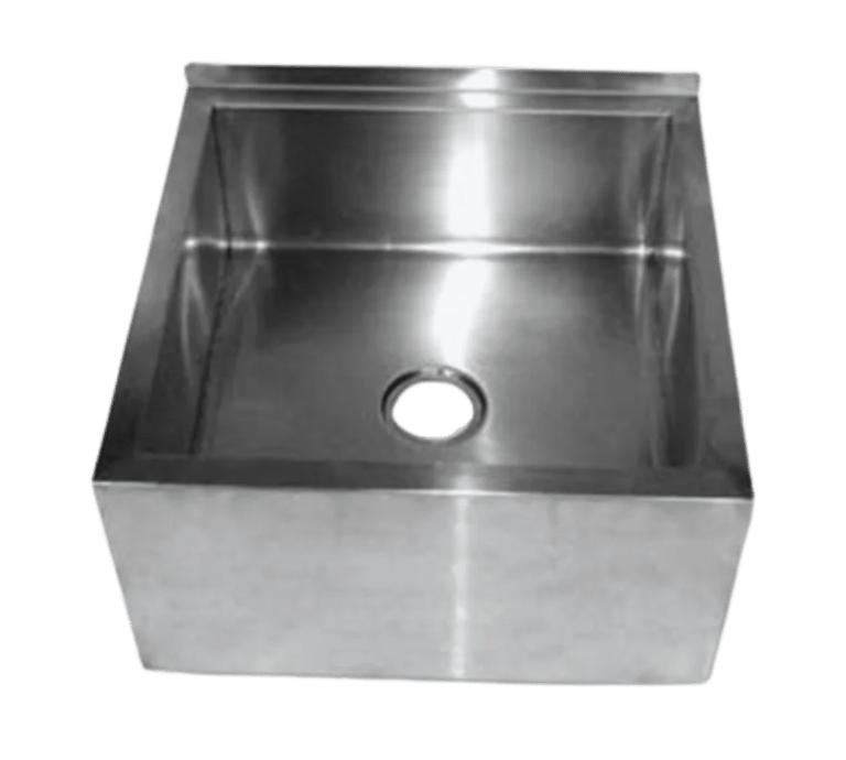 Heavy-duty stainless steel mop sink for floor cleaning.