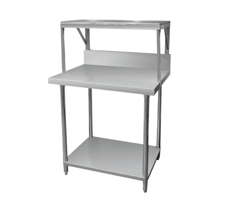 Stainless steel salamander bench with top shelf and storage space.