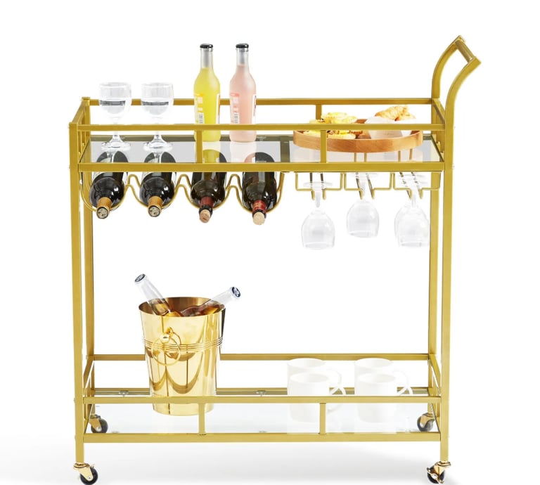 Gold bar cart stocked with wine and glasses for a cafe, restaurant & bar.