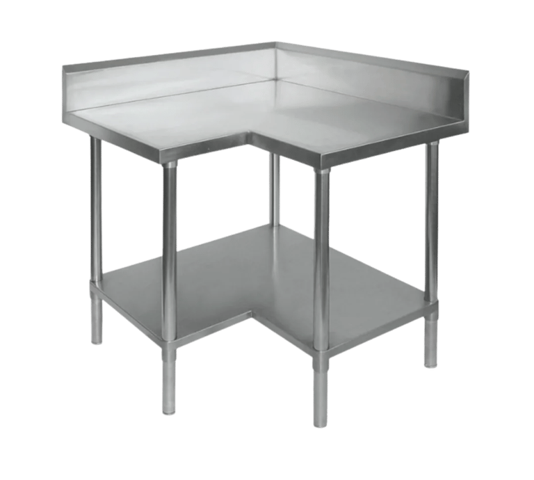 L-shaped stainless steel corner benches with a rear splashback and undershelf.