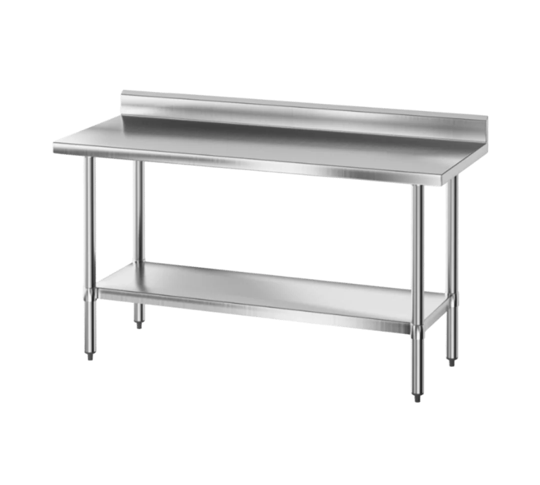 One of our stainless steel benches with splashback featuring a wide work surface and adjustable bullet feet.