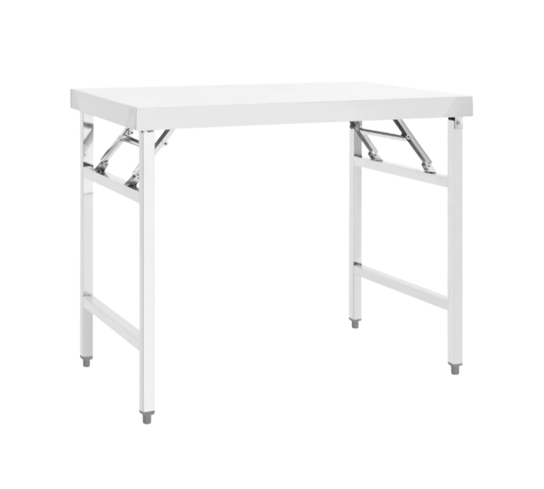 Durable stainless steel folding table with reinforced collapsible legs.