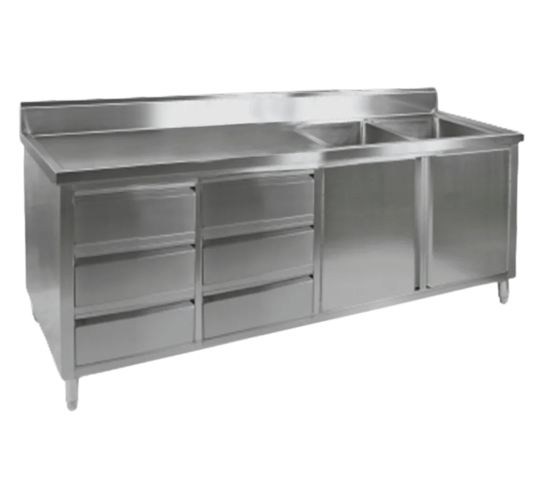 Stainless steel kitchen tidy cabinet with sink, drawers, and doors.