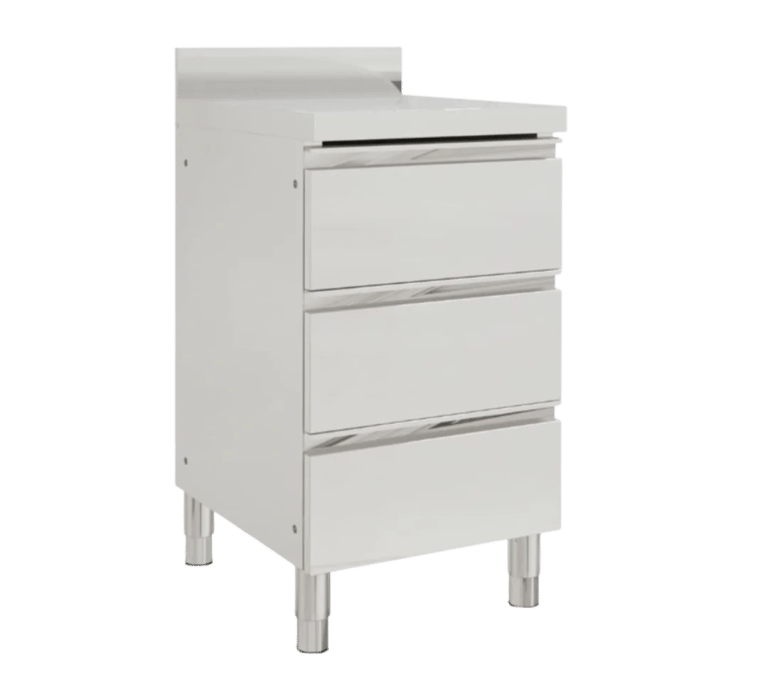Stainless steel benches with cabinet featuring three drawers and adjustable legs.