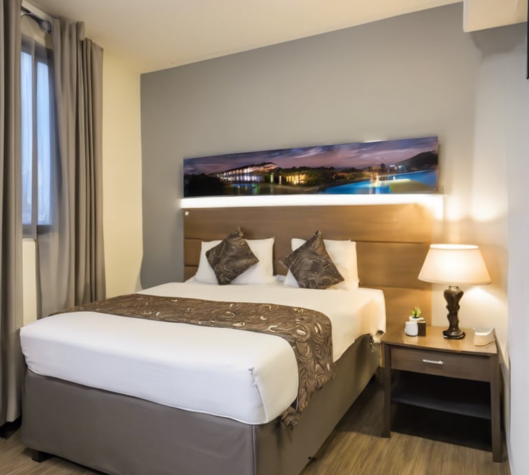 A modern interior space featuring a dining area with a table and chairs near the center. Adjacent are two bedrooms, each with furniture like beds and wardrobes, and a bathroom with a tiled shower. The space is well-lit with large windows and has neutral-toned floors and walls.