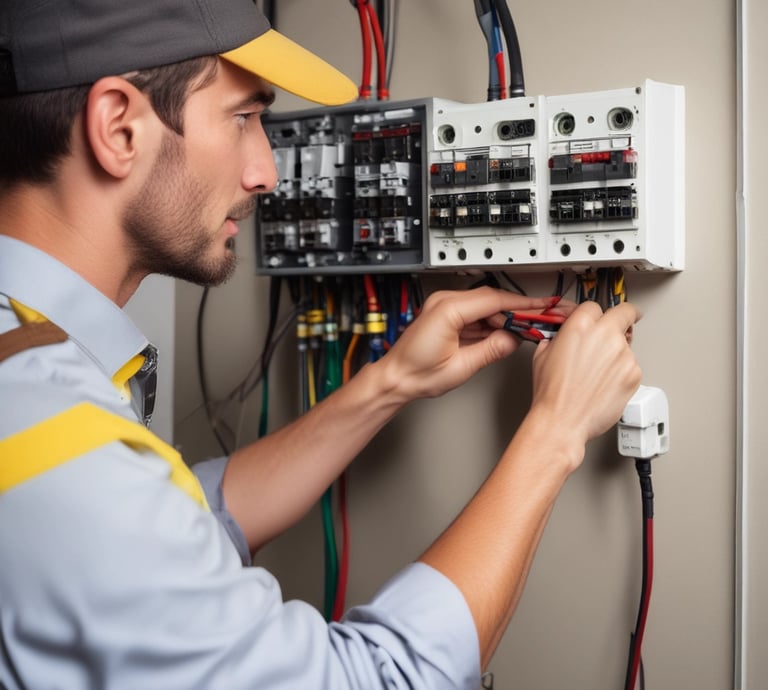 A technician inspecting electrical wiring in a residential setting.