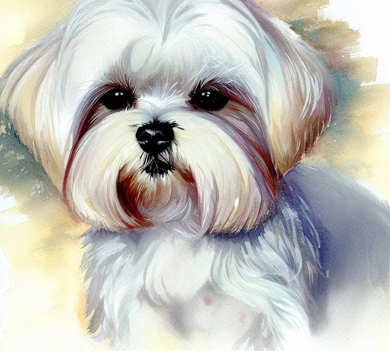 Watercolor image of a Maltese dog, "Minni."