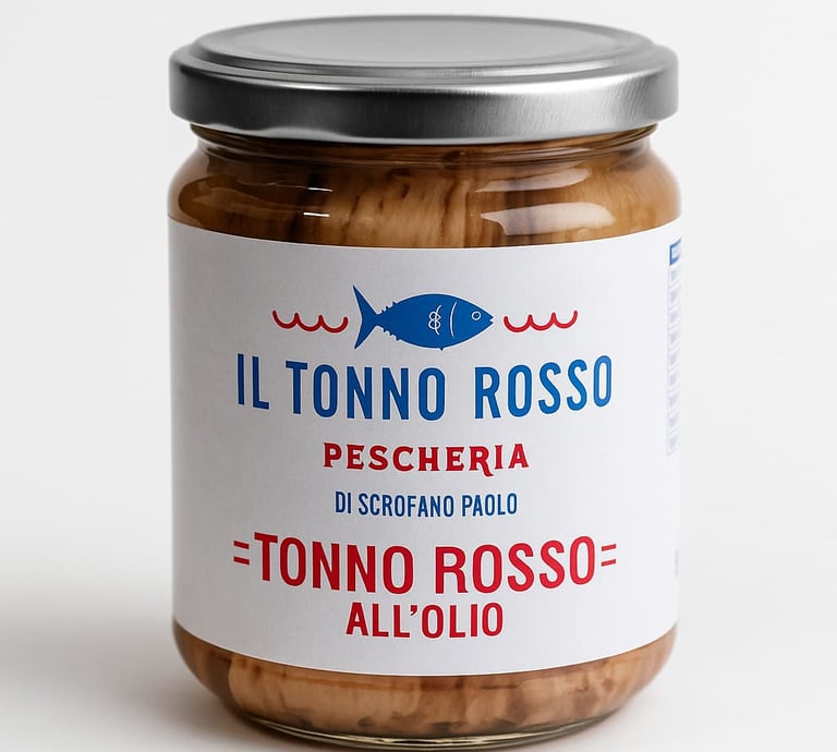 Barattolo di tonno rosso all'olio del marchio Il Tonno Rosso Pescheria