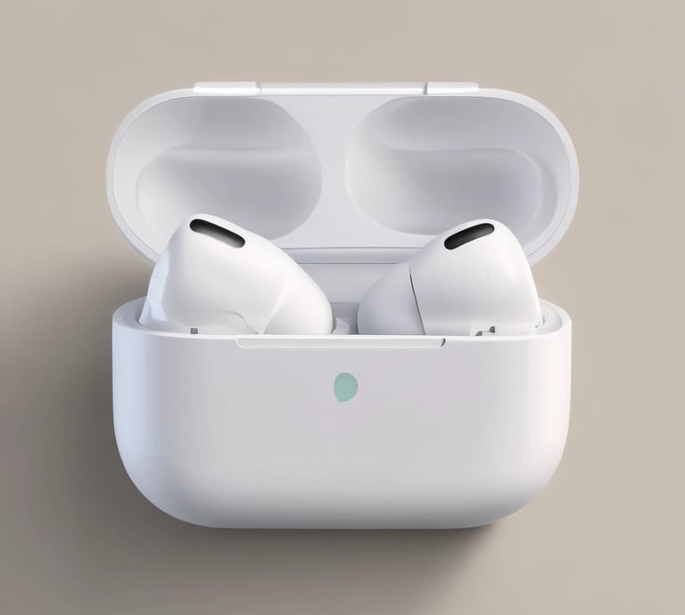 A modern electronics store features a sleek white computer with a large monitor, keyboard, and mouse positioned on a wooden table. The background showcases a wall display of various electronic accessories in white packaging, arranged neatly in rows. The room is illuminated by bright circular ceiling lights, giving a clean and modern ambiance.