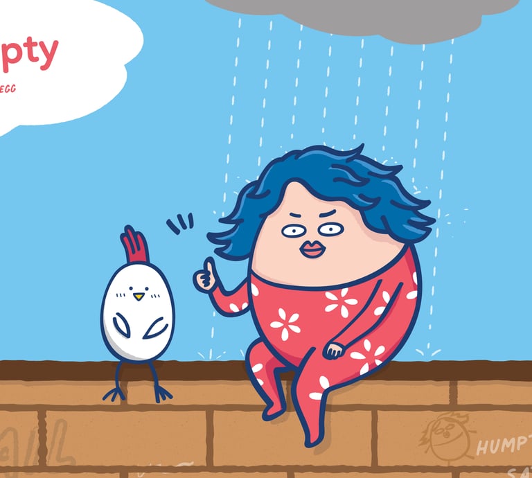 Hello Dumpty and a chicken sitting on the wall